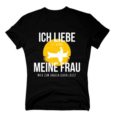 Herren T-Shirt - Ich liebe es, wenn meine Frau mich zum Angeln gehen l�sst dunkelblau-gelb S