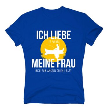 Herren T-Shirt - Ich liebe es, wenn meine Frau mich zum Angeln gehen l�sst dunkelblau-gelb S