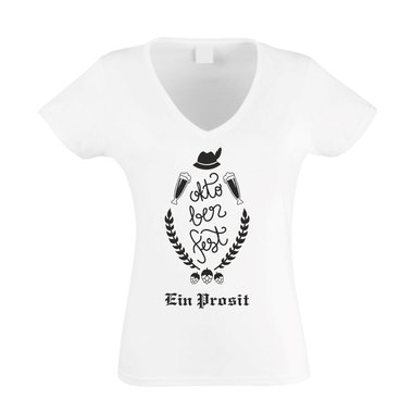 Ein Prosit - Oktoberfest - Damen T-Shirt V-Ausschnitt - Wiesn Volksfest Bier Ma weiss-schwarz XXL