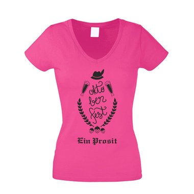 Ein Prosit - Oktoberfest - Damen T-Shirt V-Ausschnitt - Wiesn Volksfest Bier Ma weiss-schwarz XXL