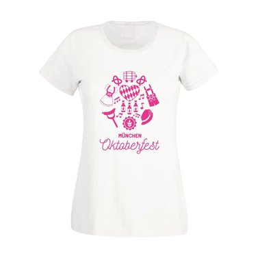 Mnchen Oktoberfest - Damen T-Shirt - Tracht Bier Wiesn Ma Schleife Dirndl Krug weiss-fuchsia XXL