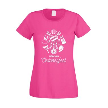 Mnchen Oktoberfest - Damen T-Shirt - Tracht Bier Wiesn Ma Schleife Dirndl Krug weiss-fuchsia XXL