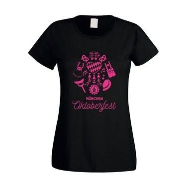 Mnchen Oktoberfest - Damen T-Shirt - Tracht Bier Wiesn Ma Schleife Dirndl Krug fuchsia-weiss XS