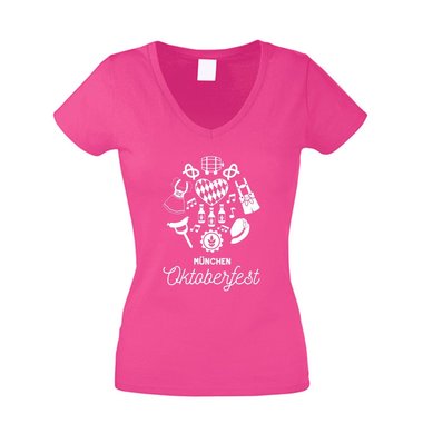 Mnchen Oktoberfest - Damen T-Shirt V-Ausschnitt - Volksfest Bier Ma Dirndl fuchsia-weiss XS