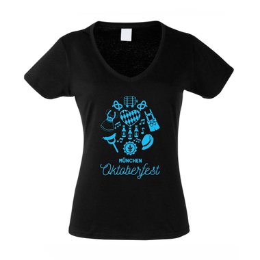 Mnchen Oktoberfest - Damen T-Shirt V-Ausschnitt - Volksfest Bier Ma Dirndl fuchsia-weiss XS