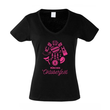 Mnchen Oktoberfest - Damen T-Shirt V-Ausschnitt - Volksfest Bier Ma Dirndl fuchsia-weiss XS