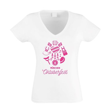 Mnchen Oktoberfest - Damen T-Shirt V-Ausschnitt - Volksfest Bier Ma Dirndl fuchsia-weiss XS