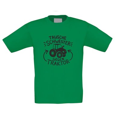 Tausche Schwester gegen Traktor - Kinder T-Shirt - Familie Ironie Geschwister dunkelblau-weiss 98-104