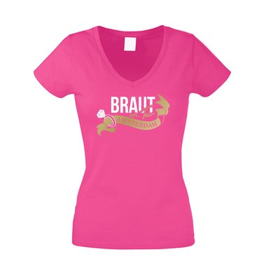 Damen T-Shirt V-Neck - Braut on Tour - Amsterdam - JGA Junggesellinnenabschied weiss-fuchsia XS