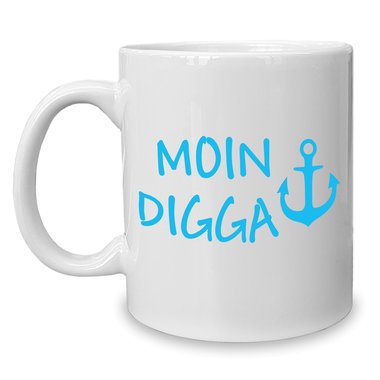 Kaffeebecher - Tasse - Moin Digga weiss-cyan