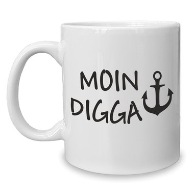 Kaffeebecher - Tasse - Moin Digga weiss-cyan