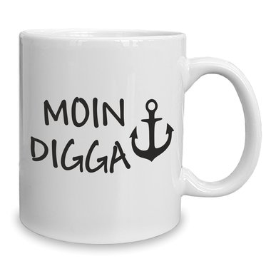Kaffeebecher - Tasse - Moin Digga weiss-cyan
