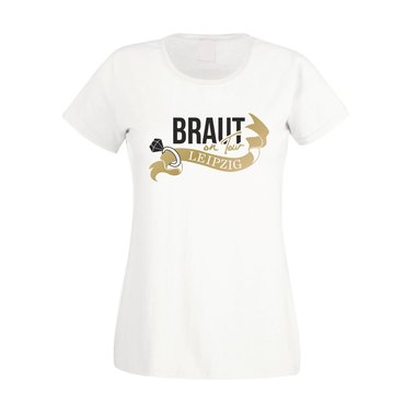 Damen T-Shirt - JGA - Braut on Tour - Leipzig weiss-gold XXL