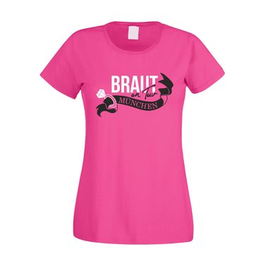 Damen T-Shirt - JGA - Braut on Tour - M�nchen fuchsia-gold XS