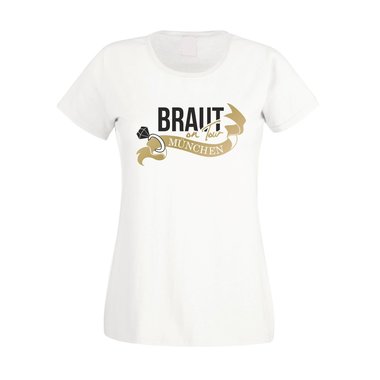 Damen T-Shirt - JGA - Braut on Tour - M�nchen fuchsia-gold XS