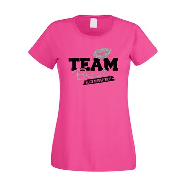 Damen JGA T-Shirt - Glitzer - Team Braut - Heute wird gefeiert fuchsia-silberglitzer XS
