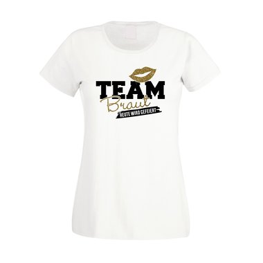 Damen JGA T-Shirt - Glitzer - Team Braut - Heute wird gefeiert fuchsia-silberglitzer XS