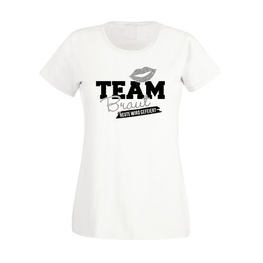 Damen JGA T-Shirt - Glitzer - Team Braut - Heute wird gefeiert fuchsia-silberglitzer XS