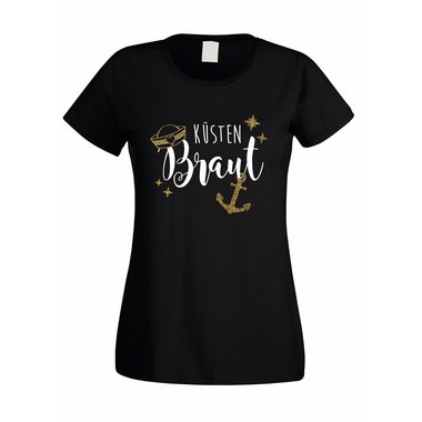 Damen JGA T-Shirt - Kstenbraut - Glitzer schwarz-goldglitzer XS
