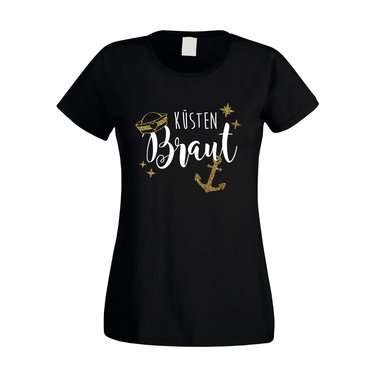 Damen JGA T-Shirt - Kstenbraut - Glitzer schwarz-goldglitzer XS