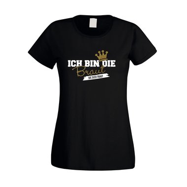 Damen JGA T-Shirt - Ich bin die Braut, die sich traut - Glitzer fuchsia-goldglitzer XS