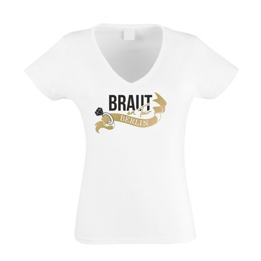 Damen T-Shirt V-Neck - Braut on Tour - JGA Berlin schwarz-gold XXL