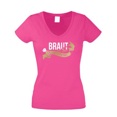 Damen T-Shirt V-Neck - Braut on Tour - Duisburg JGA weiss-fuchsia XS