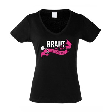 Damen T-Shirt V-Neck - Braut on Tour - Duisburg JGA weiss-fuchsia XS