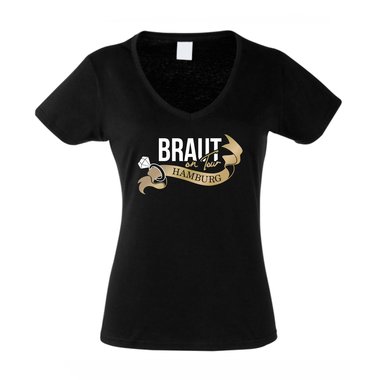 Damen T-Shirt V-Neck - Braut on Tour - Hamburg JGA schwarz-gold XXL