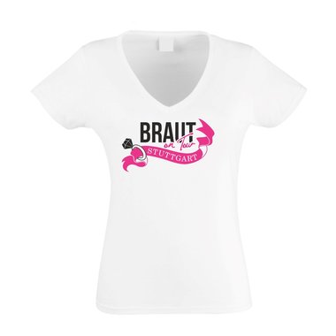 Damen T-Shirt V-Neck - Braut on Tour - Stuttgart JGA weiss-fuchsia XS