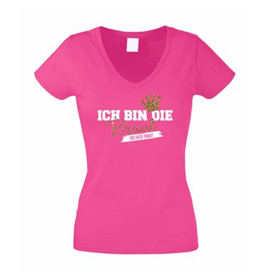 Damen T-Shirt V-Neck - Glitzer - Ich bin die Braut, die sich traut fuchsia-goldglitzer XS