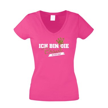 Damen T-Shirt V-Neck - Glitzer - Ich bin die Braut, die sich traut fuchsia-goldglitzer XS