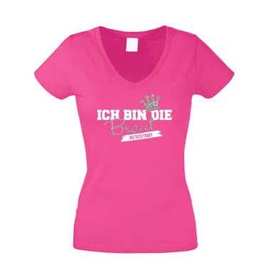 Damen T-Shirt V-Neck - Glitzer - Ich bin die Braut, die sich traut fuchsia-goldglitzer XS