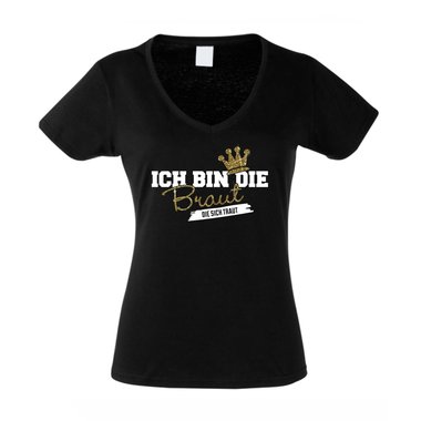 Damen T-Shirt V-Neck - Glitzer - Ich bin die Braut, die sich traut fuchsia-goldglitzer XS