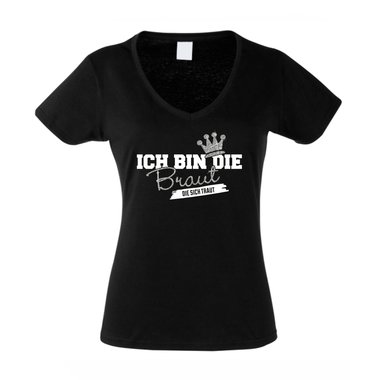 Damen T-Shirt V-Neck - Glitzer - Ich bin die Braut, die sich traut fuchsia-goldglitzer XS