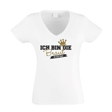 Damen T-Shirt V-Neck - Glitzer - Ich bin die Braut, die sich traut fuchsia-goldglitzer XS