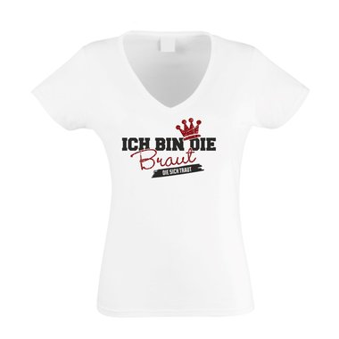 Damen T-Shirt V-Neck - Glitzer - Ich bin die Braut, die sich traut fuchsia-goldglitzer XS