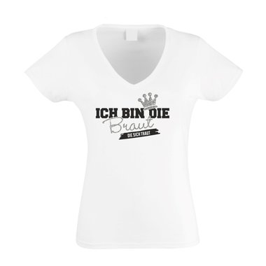 Damen T-Shirt V-Neck - Glitzer - Ich bin die Braut, die sich traut fuchsia-goldglitzer XS