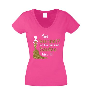 Damen T-Shirt V-Neck - Glitzer - Sie heiratet, ich bin zur zum Saufen hier - JGA fuchsia-goldglitzer XS