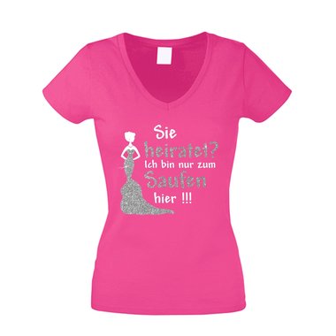 Damen T-Shirt V-Neck - Glitzer - Sie heiratet, ich bin zur zum Saufen hier - JGA fuchsia-goldglitzer XS