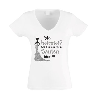 Damen T-Shirt V-Neck - Glitzer - Sie heiratet, ich bin zur zum Saufen hier - JGA weiss-silberglitzer XXL