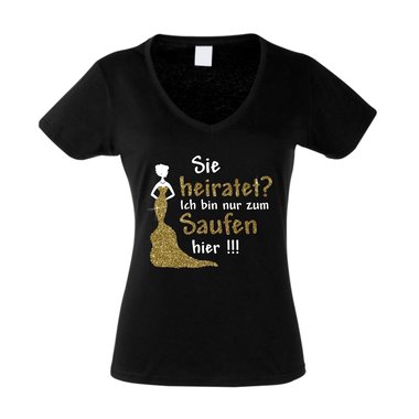 Damen T-Shirt V-Neck - Glitzer - Sie heiratet, ich bin zur zum Saufen hier - JGA weiss-silberglitzer XXL