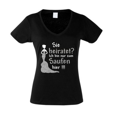 Damen T-Shirt V-Neck - Glitzer - Sie heiratet, ich bin zur zum Saufen hier - JGA weiss-silberglitzer XXL