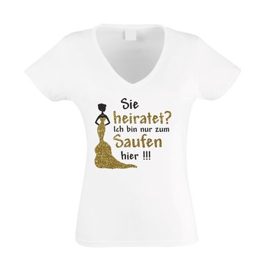 Damen T-Shirt V-Neck - Glitzer - Sie heiratet, ich bin zur zum Saufen hier - JGA weiss-silberglitzer XXL