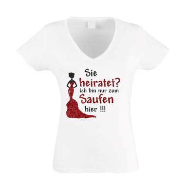 Damen T-Shirt V-Neck - Glitzer - Sie heiratet, ich bin zur zum Saufen hier - JGA weiss-silberglitzer XXL