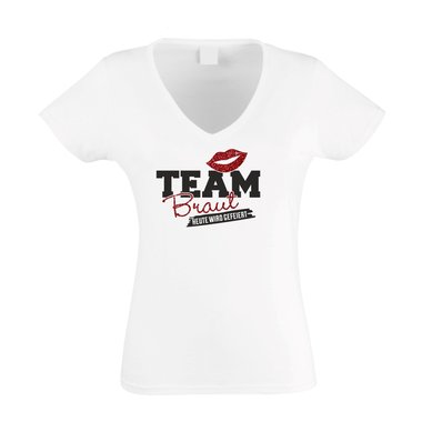Damen T-Shirt V-Neck - Glitzer - Team Braut - Heute wird gefeiert - JGA