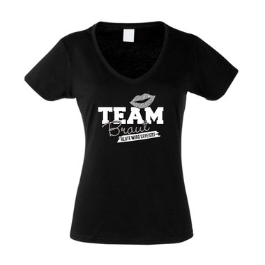 Damen T-Shirt V-Neck - Glitzer - Team Braut - Heute wird gefeiert - JGA