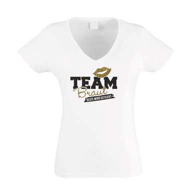 Damen T-Shirt V-Neck - Glitzer - Team Braut - Heute wird gefeiert - JGA
