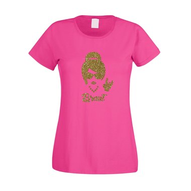 Damen JGA T-Shirt - Rock n Roll Braut - Glitzer fuchsia-goldglitzer XS
