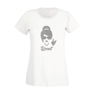 Damen JGA T-Shirt - Rock n Roll Braut - Glitzer fuchsia-goldglitzer XS